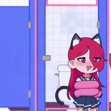 tentacle locker, annue, bathroom, bathroom stall, belly, belly button, blush, bowtie, brown eyes, brown hair, cat collar, cat ears, cat tail, catgirl, closed eyes