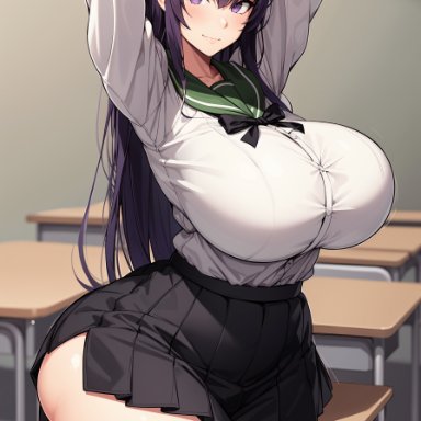 highschool of the dead, saeko busujima, oatmealdood, stable diffusion, 1girls, busty, curvaceous, curvy, curvy body, curvy figure, fat ass teen, huge ass, huge breasts, long hair, massive ass