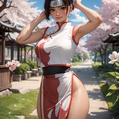 naruto, naruto: the last, naruto (series), naruto shippuden, tenten, shimoshin, breasts, brown eyes, cherry blossoms, china dress, chinese clothes, day, double bun, dress, female