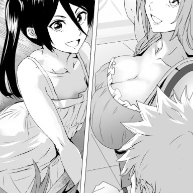 bleach, abarai renji, ichigo kurosaki, inoue orihime, kuchiki rukia, kurosaki ichigo, renji abarai, daraz18aka, 2boys, 2girls, :d, alternate costume, aquarium, breast size difference, breasts