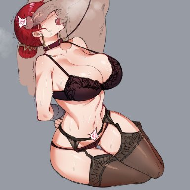 ratatatat74, 1boy, 1girls, arms behind back, big breasts, blush, bondage, bound, bra, breasts, cleavage, collar, collar and leash, collarbone, earrings