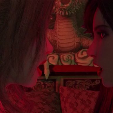 final fantasy, final fantasy vii, final fantasy vii remake, aerith gainsborough, tifa lockhart, teehee7990, 2girls, black hair, earrings, female, female focus, female only, french kiss, kissing, light-skinned female