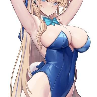 blue archive, toki (blue archive), siu (siu0207), armpits, arms behind head, arms up, big breasts, blonde hair, blue clothing, blue eyes, bowtie, bunny ears, bunny tail, bunnysuit, cleavage