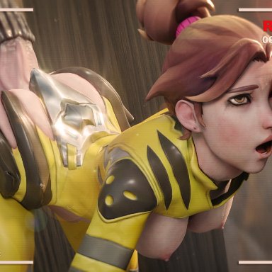 blizzard entertainment, overwatch, d.va, nocturnalone, 1girls, alternate costume, alternate hairstyle, ambiguous penetration, arched back, areolae, ass, balls, bent over, big penis, bodysuit