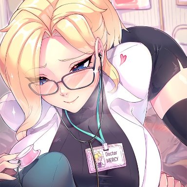 overwatch, mercy, darklux, 1boy, 1girls, big penis, blonde hair, blonde hair female, bulge, clothing, doctor, doctor on patient, glasses, nurse, stethoscope