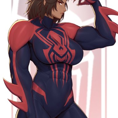 marvel, spider-man 2099, miguel o'hara, speedl00ver, abs, big breasts, bodysuit, claws, flexing, flexing bicep, latina, mexican, mexican female, muscular female, skin tight