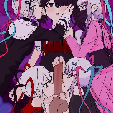 needy girl overdose, needy streamer overload, ame-chan, chouzetsusaikawa tenshi-chan, evilzorak, strawbewwymilf, straysecond, 1futa, 4girls, ball fondling, balls, bed, big penis, black dress, black eyes