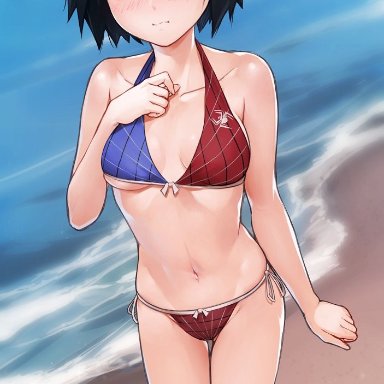 marvel, spider-man (series), peni parker, maritan (pixelmaritan), 1girls, asian, beach, bikini, black hair, blush, breasts, brown eyes, cute, female, fringe