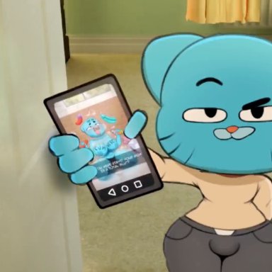 gumball watterson, nicole watterson, bootydox, almost caught, anthro, big balls, big penis, blackmail, blue fur, cum, cum in mouth, deepthroat, furry, incest, mother