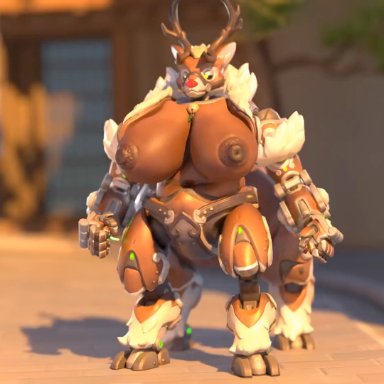 blizzard entertainment, overwatch, omnic, orisa, reindeer orisa (overwatch), snips456, snips456fur, antlers, anus, areola, ass, belly, big ass, big breasts, big butt