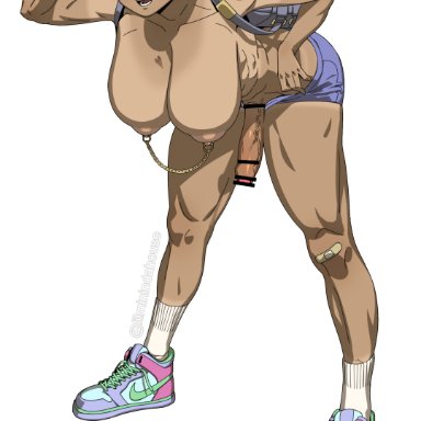 lilminindahouse, 1futa, areolae, athletic, athletic futanari, bent over, big breasts, big penis, breasts, brown hair, clothed, clothing, dark-skinned futanari, dark skin, erection