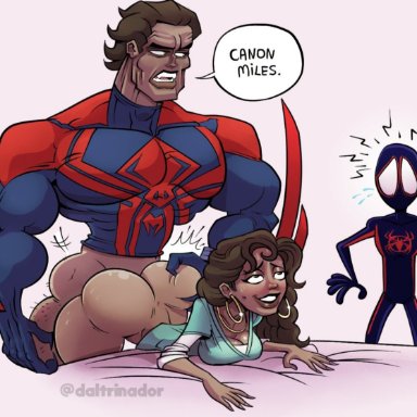 marvel, marvel comics, spider-man 2099, miguel o'hara, miles morales, rio morales, lsd comix, 1girls, 2boys, ass grab, big ass, caught, caught in the act, clothed sex, daltrinador