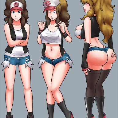 nintendo, pokemon, pokemon bw, hilda (pokemon), xxxx52, 1girls, alternate breast size, alternate outfit, ankle socks, anklehighs, ass, ass expansion, big ass, big breasts, bimbo