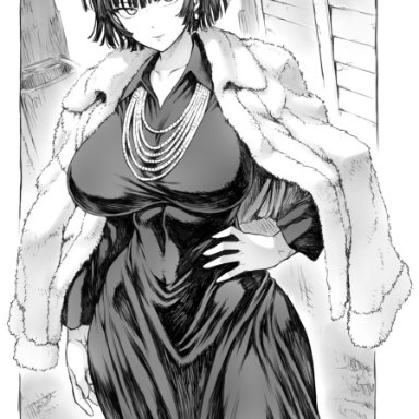 one-punch man, fubuki (one-punch man), mogudan, 1girls, beautiful, big breasts, breasts, busty, child bearing hips, clothed, coat, coat on shoulders, curvaceous, curves, curvy