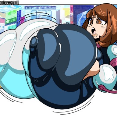 my hero academia, ochako uraraka, uraraka ochako, zoruadrawsstuff, 1girls, areola bulge, breast expansion, brown eyes, brown hair, city, city background, grabbing own breast, groping, groping breasts, huge breasts