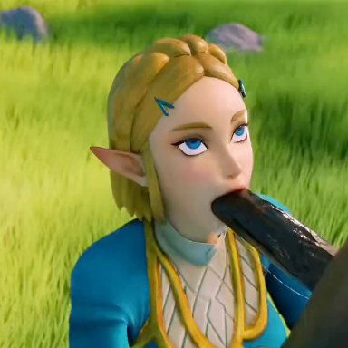 breath of the wild, nintendo, tears of the kingdom, the legend of zelda, princess zelda, zelda (breath of the wild), zelda (tears of the kingdom), suckor, 1girls, big penis, blonde hair, blowjob, blue eyes, cute, dark-skinned male