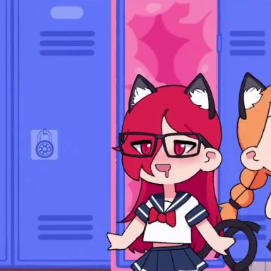 tentacle locker, annue, bathroom, blush, bowtie, cat ears, cat tail, catgirl, covered mouth, cum, cum in pussy, cum inside, cum on thighs, drooling, ear tuft