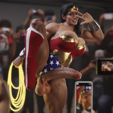 dc, dc comics, injustice 2, wonder woman (series), diana prince, wonder woman, amazonium, 1futa, abs, athletic female, athletic futanari, big balls, big breasts, big penis, black hair