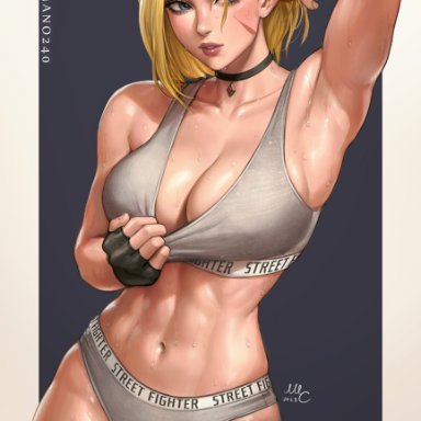 capcom, street fighter, street fighter 6, cammy white, sciamano240, abs, ahoge, arm up, armpits, blonde hair, blue eyes, breasts, choker, collarbone, facial scar