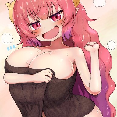 miss kobayashi's dragon maid, ilulu (dragon maid), ozrereresan, 1girls, big breasts, blush, dragon girl, dragon horns, female, horns, huge breasts, large breasts, light-skinned female, long hair, red hair