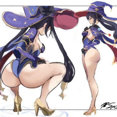 genshin impact, mona (genshin impact), neddup, 1girls, ass, black hair, breasts, dat ass, female, fixed, hat, highleg leotard, huge ass, large hat, leotard