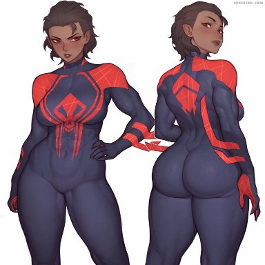 marvel, marvel comics, spider-man (series), spider-man 2099, miguel o'hara, asura (artist), 1girls, abs, ass, big ass, big breasts, big butt, blush, blushing, breasts