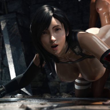 final fantasy, final fantasy vii, final fantasy vii remake, tifa lockhart, ruriaraw, 1boy, 1girls, black hair, breasts, doggy style, fingerless gloves, gloves, large breasts, long hair, looking at viewer