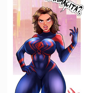 spider-man (series), spider-man 2099, miguel o'hara, spider-man, themightfenek, 1girls, abs, angry, angry face, big breasts, big thighs, blue clothing, brown hair, city background, cityscape