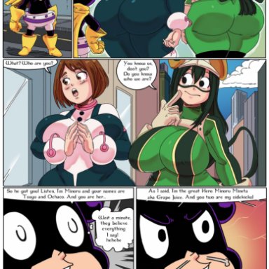 my hero academia, asui tsuyu, mineta minoru, minoru mineta, ochako uraraka, tsuyu asui, uraraka ochako, twisteddragonart, ass, big ass, big breasts, big butt, bodysuit, breasts bigger than head, confused