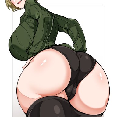 original, akina-chan, buckethead ero, 1girls, ass, bent over, big ass, big breasts, black panties, blush, busty, fat ass, female, green eyes, green hair