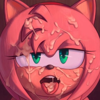 sega, sonic (series), amy rose, aoncyth, 1girls, anthro, cum, cum in mouth, cum on face, female, furry, green eyes, pink fur