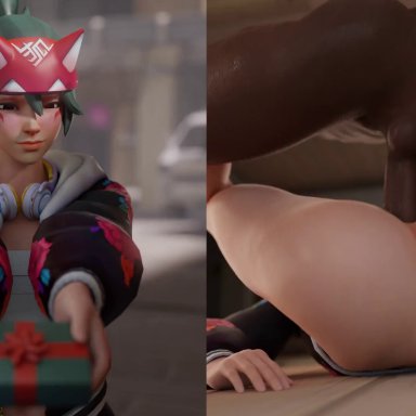 blizzard entertainment, overwatch, overwatch 2, kiriko (overwatch), aphy3d, 1boy, 1girls, ass, big ass, dark-skinned male, female penetrated, mating press, penis, sex, 3d