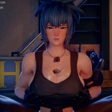 ikari warriors, king of fighters, snk, leona heidern, bouquetman, pixiewillow, 1boy, 1girls, alternate breast size, big breasts, big penis, blue eyes, blue hair, breast grab, breast hold