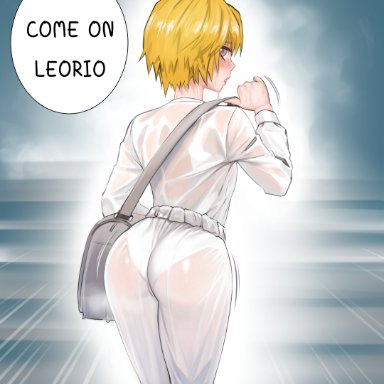 hunter x hunter, shounen jump, kurapika, black7, 1boy, 1male, ass, back view, bag, behind view, big ass, big butt, blonde hair, blonde male, clothed