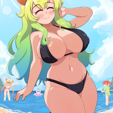 dragon maid, miss kobayashi's dragon maid, kanna kamui, kobayashi, lucoa, lucoa (maidragon), quetzalcoatl (dragon maid), tohru (dragon maid), bluefrok, 4girls, anime character, beach, beach episode, big breasts, black bikini