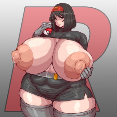 game freak, nintendo, pokemon, pokemon rgby, erika (pokemon), ponkotsuu, bbw, black hair, breasts out, erect nipples, giant breasts, huge breasts, hyper breasts, large breasts, massive breasts