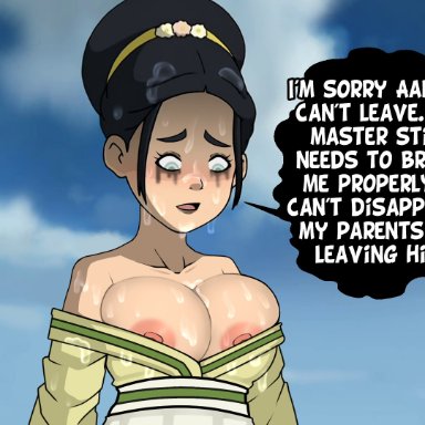 avatar the last airbender, aang, toph bei fong, steca, thelazyart, 1girls, after rape, atla book two: earth, big breasts, breasts out, breasts out of clothes, brown hair, cleavage, cleavage overflow, clothing
