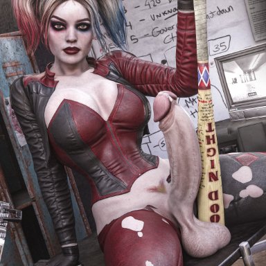 dc, dc comics, harley quinn, chadrat, 1futa, ballsack, big balls, big breasts, big penis, big testicles, blonde hair, breasts, clothed, clothing, cum