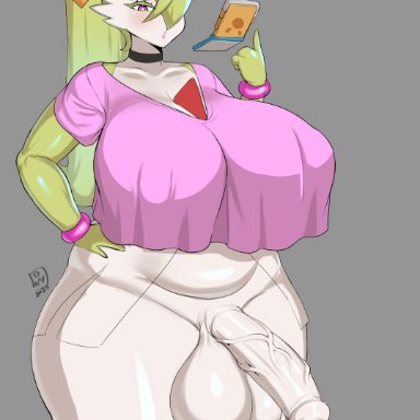 nintendo, pokemon, gardevoir, pok&#233;mon (species), gaikiken, 1futa, anthro, balls, breasts, breasts bigger than head, futa only, futanari, green hair, hair over one eye, huge balls