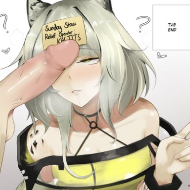 arknights, kal'tsit (arknights), eroborne, 1boy, 1girls, ?, ??, ahe gao, animal ear fluff, animal ears, bare shoulders, blunt bangs, blush, breasts, cat ears