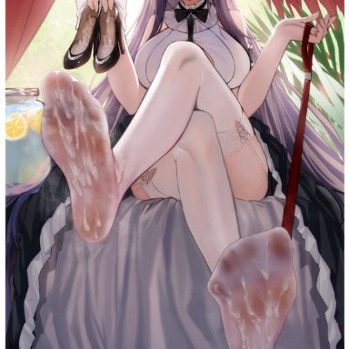 azur lane, august von parseval (azur lane), cang se ye hua, cum in shoe, cum on feet, feet, femdom, foot fetish, heart-shaped pupils, holding shoes, leash, leashed pov, stockings, thigh highs, white border