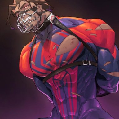 marvel, marvel comics, spider-man (series), spider-man 2099, miguel o'hara, spider-man, 1boy, 2kgjnbg, abs, bondage, brown body, brown hair, harness, human, latino