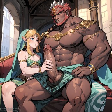 tears of the kingdom, the legend of zelda, ganondorf, ganondorf (tears of the kingdom), gerudo link, link, link (breath of the wild), puffyart, 2boys, ahe gao, balls, beard, big penis, blonde hair, blush