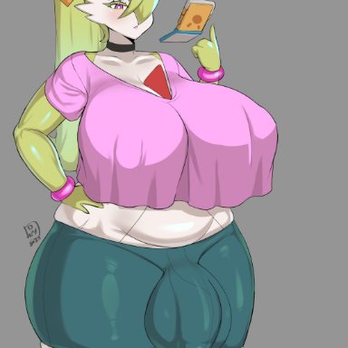 nintendo, pokemon, gardevoir, pok&#233;mon (species), gaikiken, 1futa, anthro, balls, breasts, breasts bigger than head, futa only, futanari, green hair, hair over one eye, huge balls