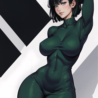 one-punch man, fubuki (one-punch man), obayen, stable diffusion, 1girls, curvaceous, curvy body, curvy female, female focus, female only, green hair, seductive look, short hair, solo female, solo focus