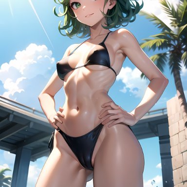 one-punch man, tatsumaki, nai diffusion, stable diffusion, yugen, 1girls, ass, ass visible through thighs, bangs, bare shoulders, bikini, blush, breasts, bridge, cameltoe