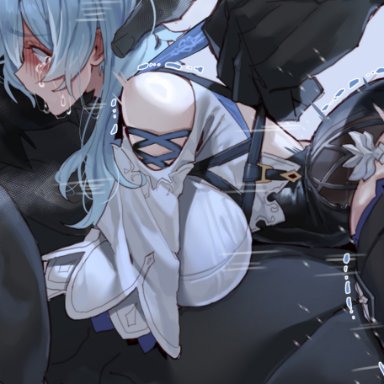 genshin impact, eula (genshin impact), hilichurls (species), mitachurl, mimyo, 1girls, 2boys, black leotard, black thighhighs, blue hair, blush, breasts, clothed sex, double penetration, female