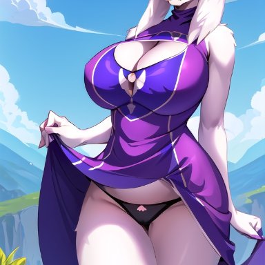 undertale, toriel, ai-chan42069, stable diffusion, anthro, blush, boss monster, bovid, bovine, breasts, cleavage, dress, dress lift, furry, horn