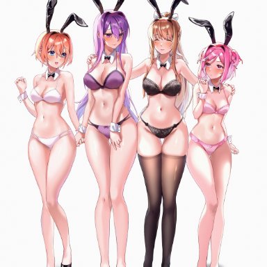 doki doki literature club, yuri (doki doki literature club), machulanko, 4girls, ass visible through thighs, bare legs, big breasts, black bra, black panties, black underwear, bowtie, bowtie collar, bra, breasts, bunny ears