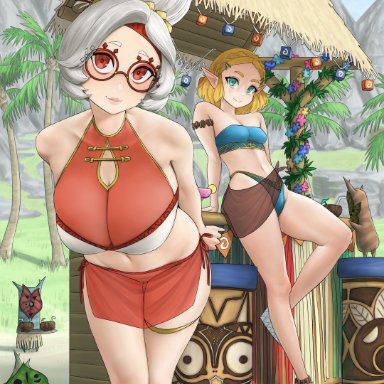 nintendo, tears of the kingdom, the legend of zelda, korok, princess zelda, purah, purah (tears of the kingdom), zelda (tears of the kingdom), dismaiden, 2girls, beach, big breasts, blonde hair, female, female only